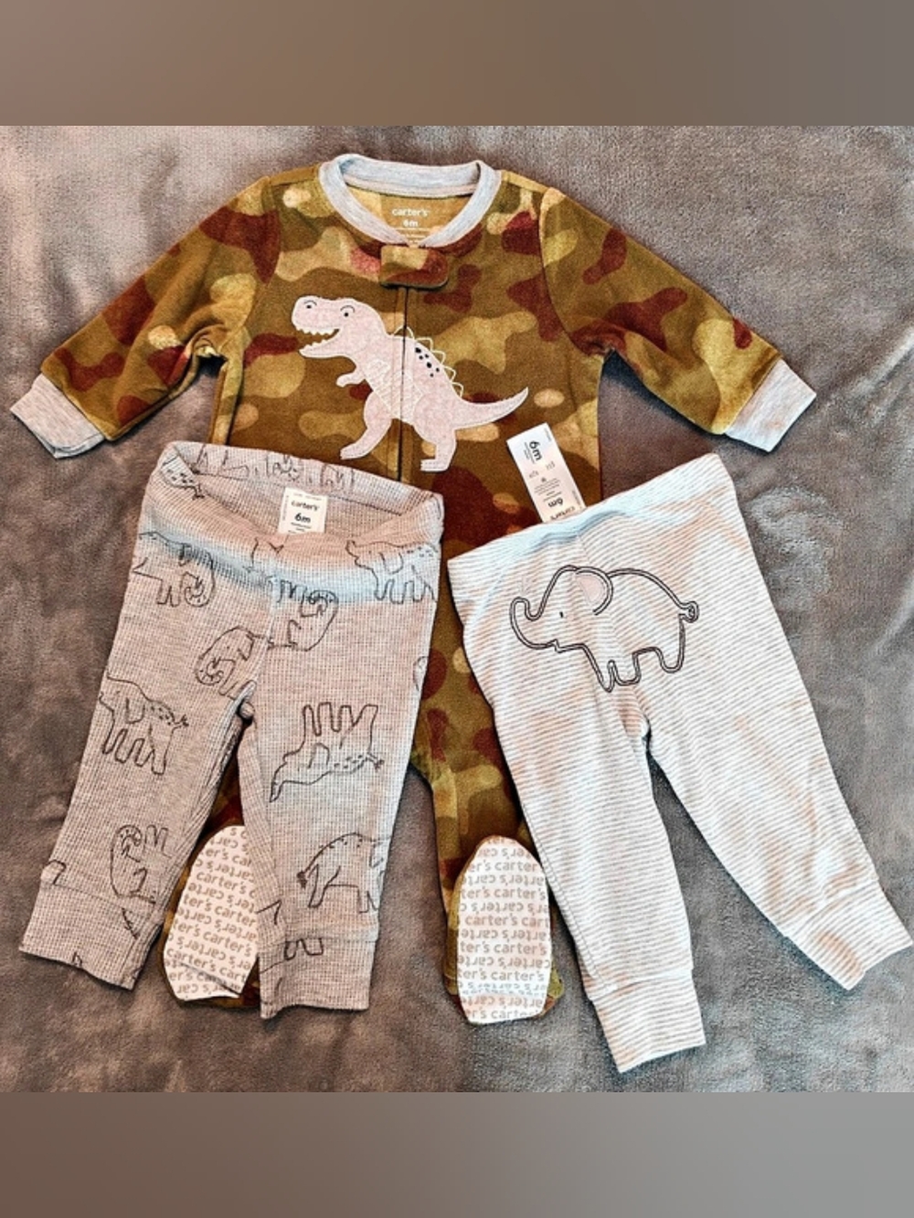 Kid's Carter's Camo Sleeper, Gray Waffle Knit & Gray Striped Pants, 6 Months
